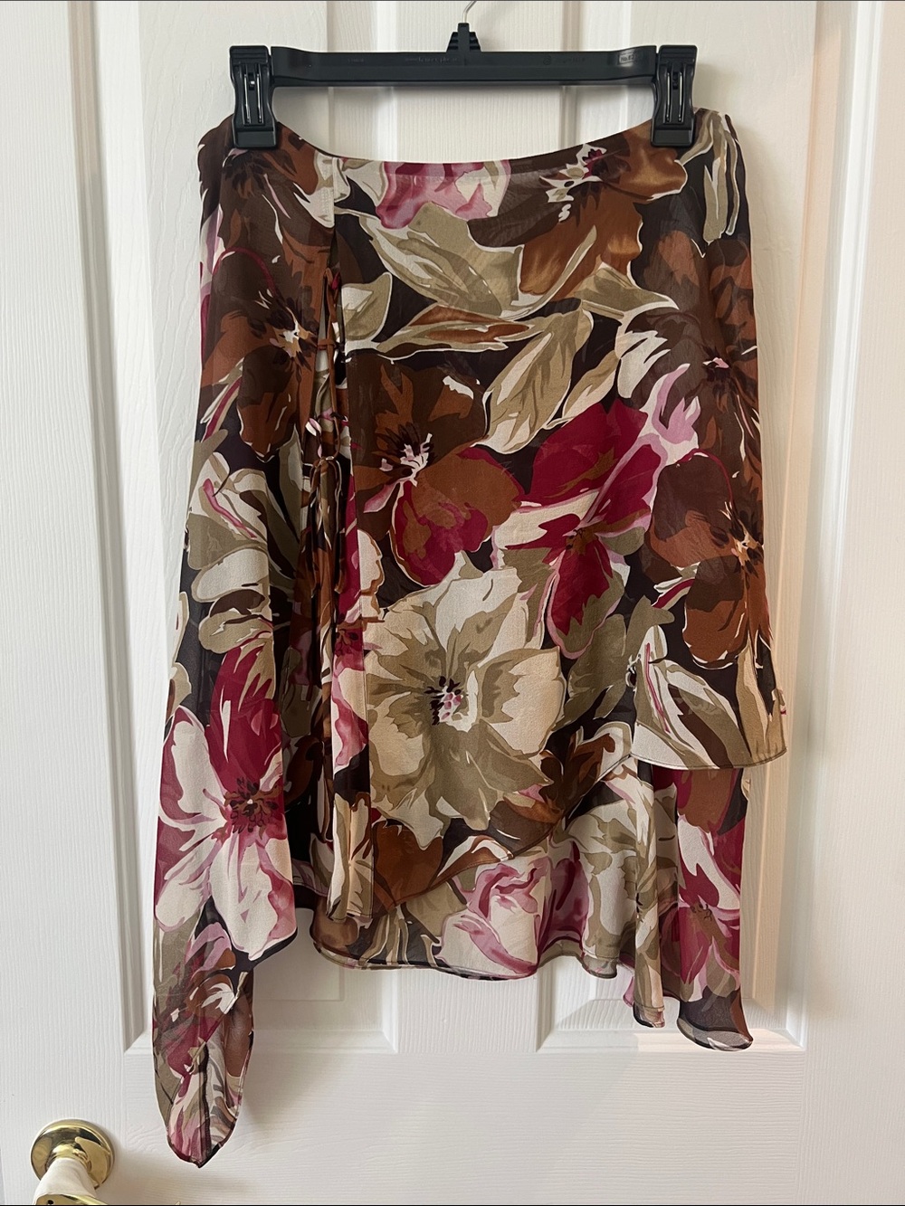Floral Asymmetric Wrap Midi Skirt - Brown & Pink